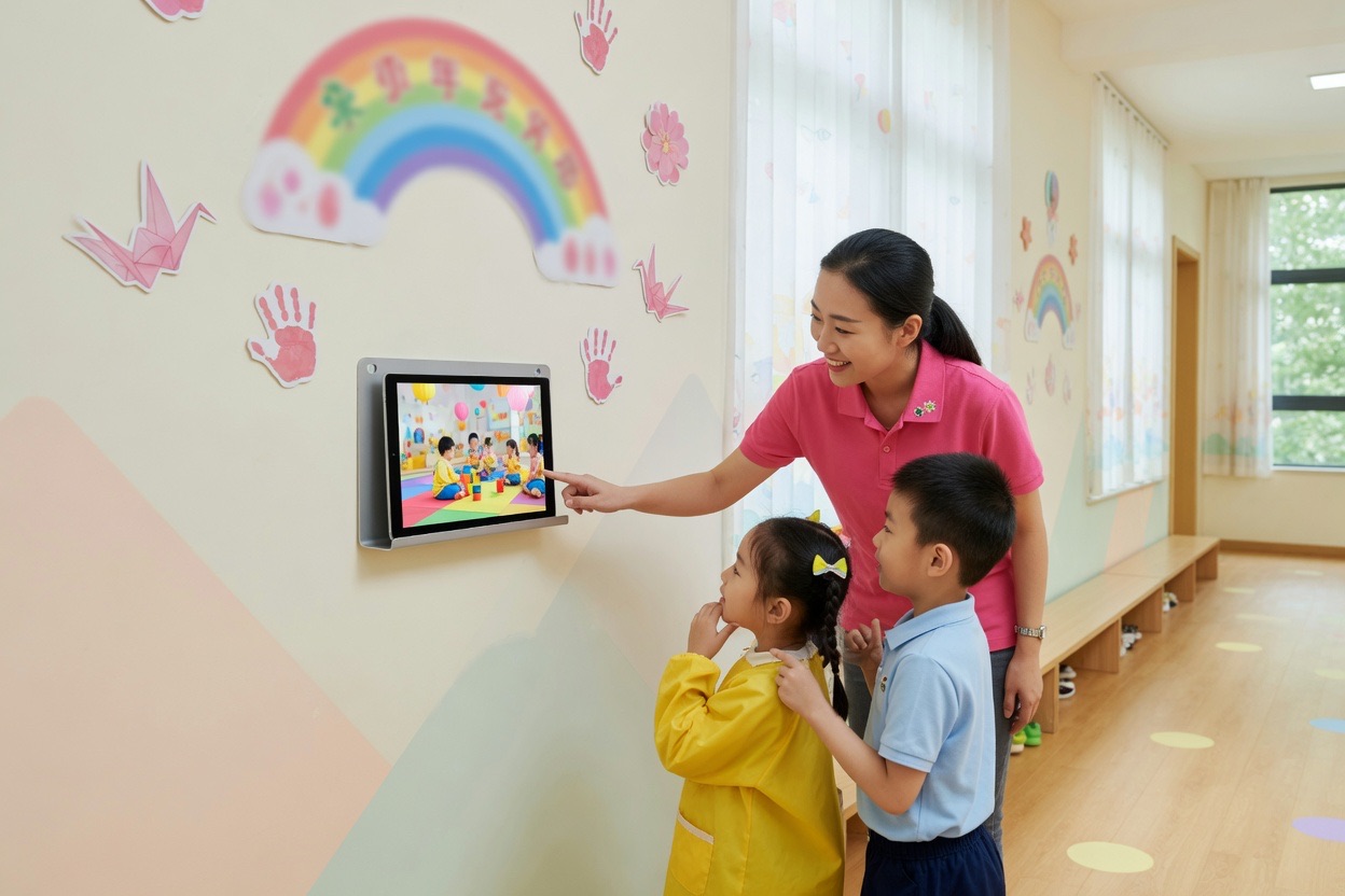 幼儿园走廊墙上挂着 14 寸平板终端，教师与幼儿查看班级动态