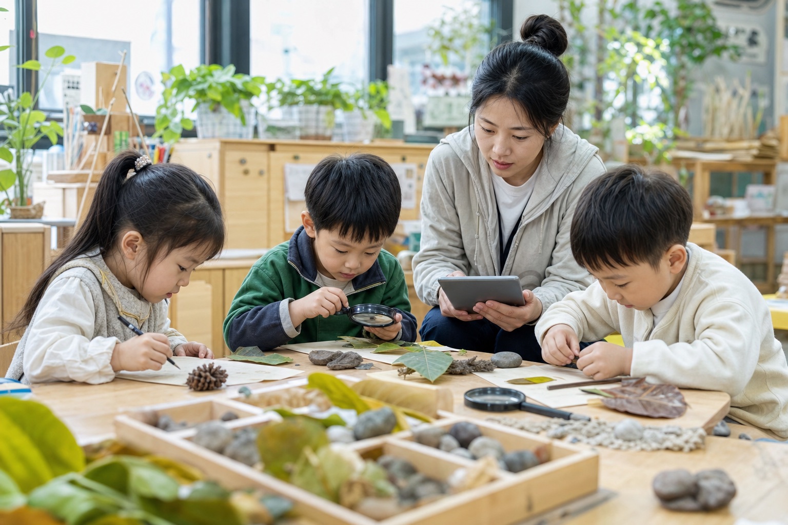 教师在幼儿园区域活动中使用掌心宝贝记录幼儿自主游戏与探究