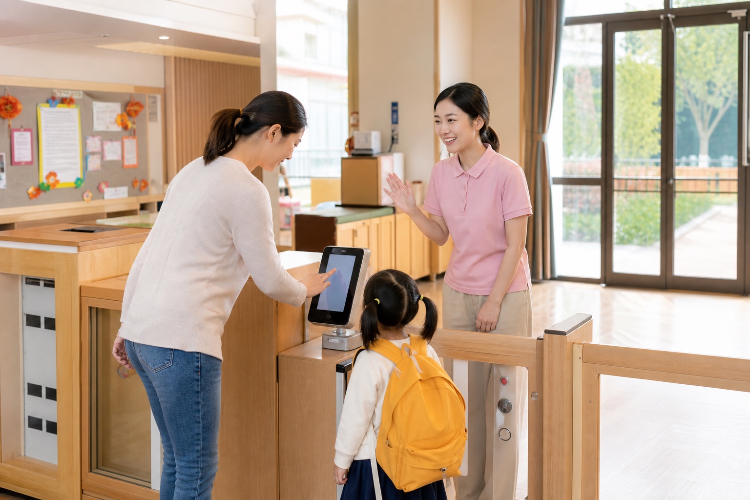 家长在幼儿园入口完成签到，教师迎接儿童入园
